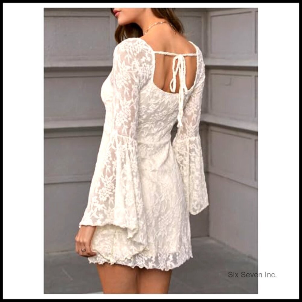 Floral Jacquard Mesh Gothic Dress Bell Sleeve A-Line Vintage Inspired - Picture 2 of 7